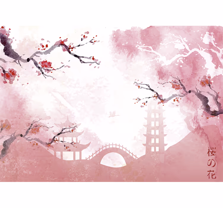 Living room blind cherry blossom view - TenStickers
