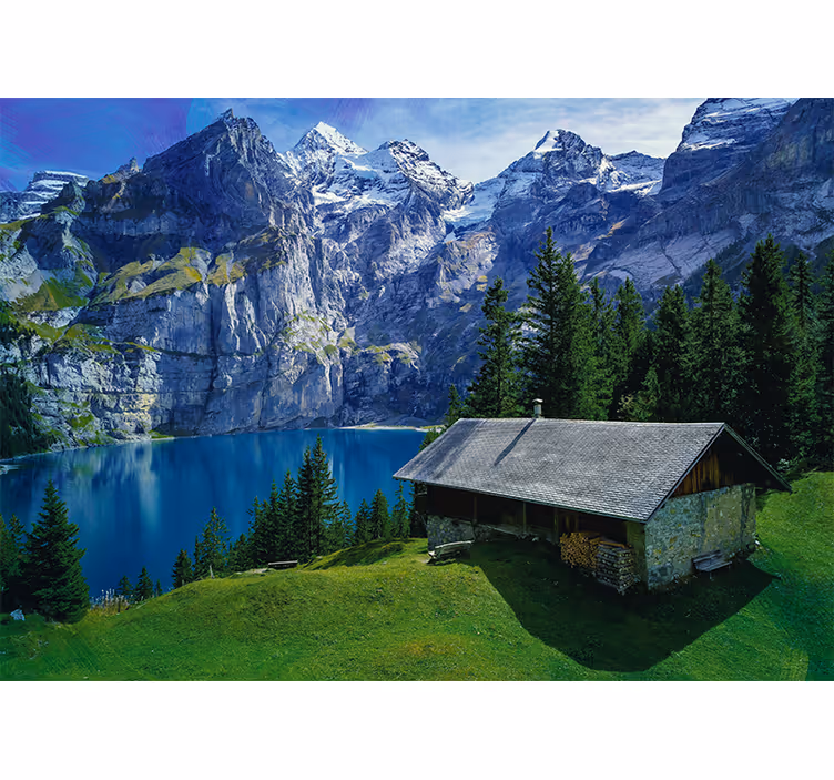 Living room blind cabin by the lake and mountains - TenStickers