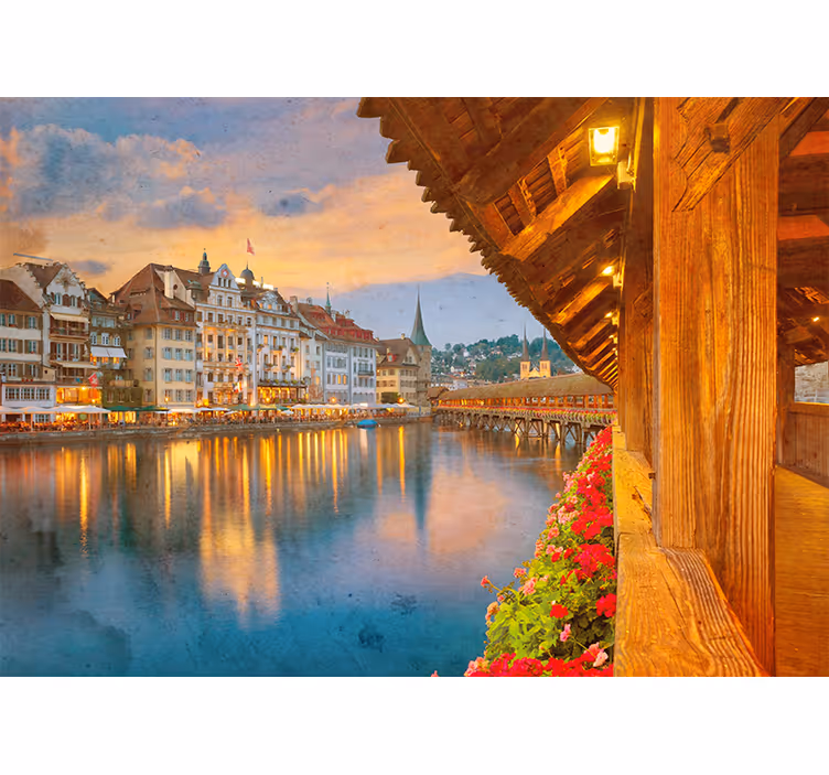 Living room blind old style swiss lake buildings - TenStickers