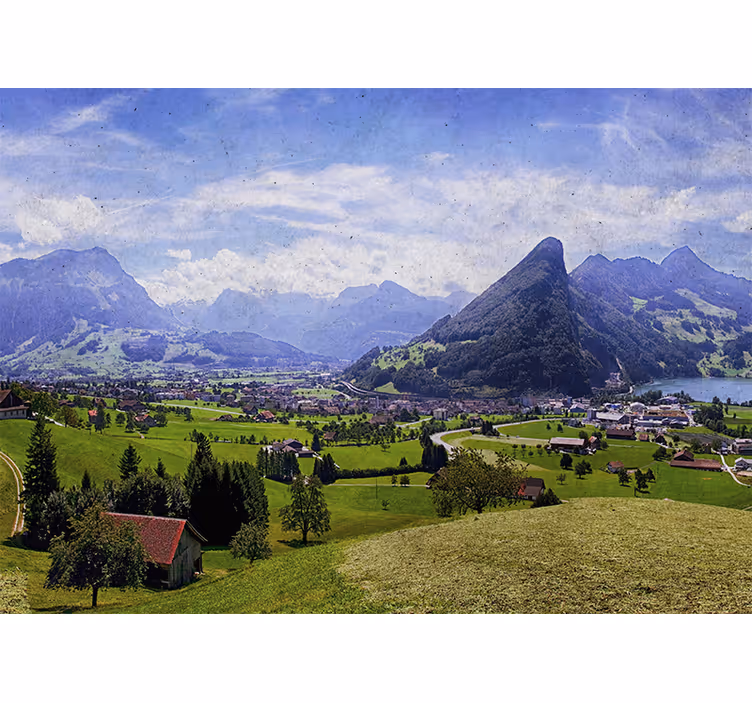 Living room blind with homes in a green field - TenStickers