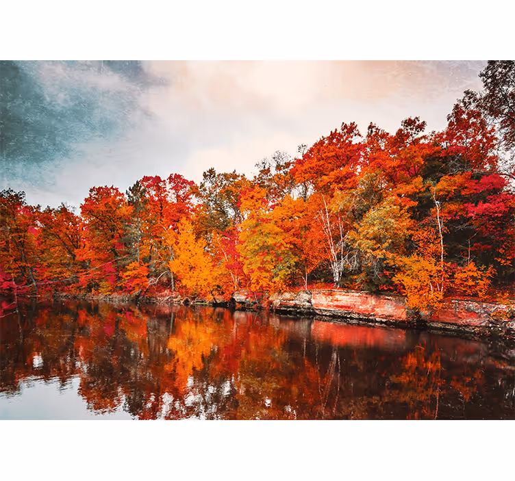 Living room blind autumn forest lake reflection - TenStickers