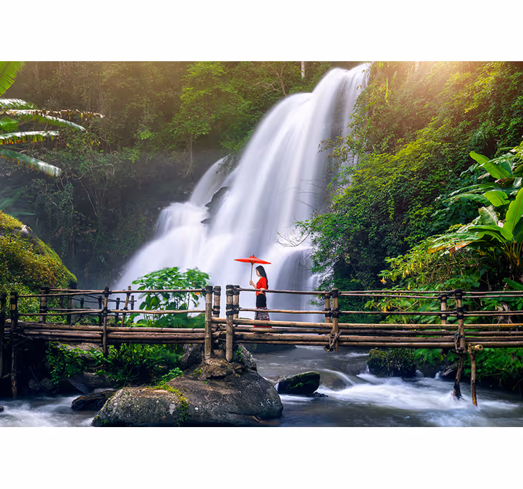 Blind bedroom wooden path on serene lake with waterfall - TenStickers