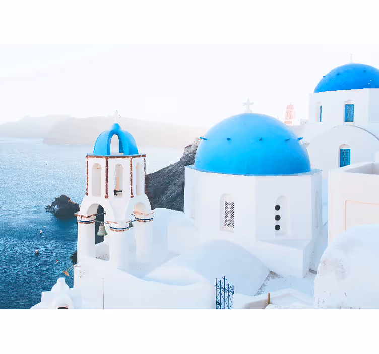 Blind bedroom santorini white and blue houses ocean - TenStickers
