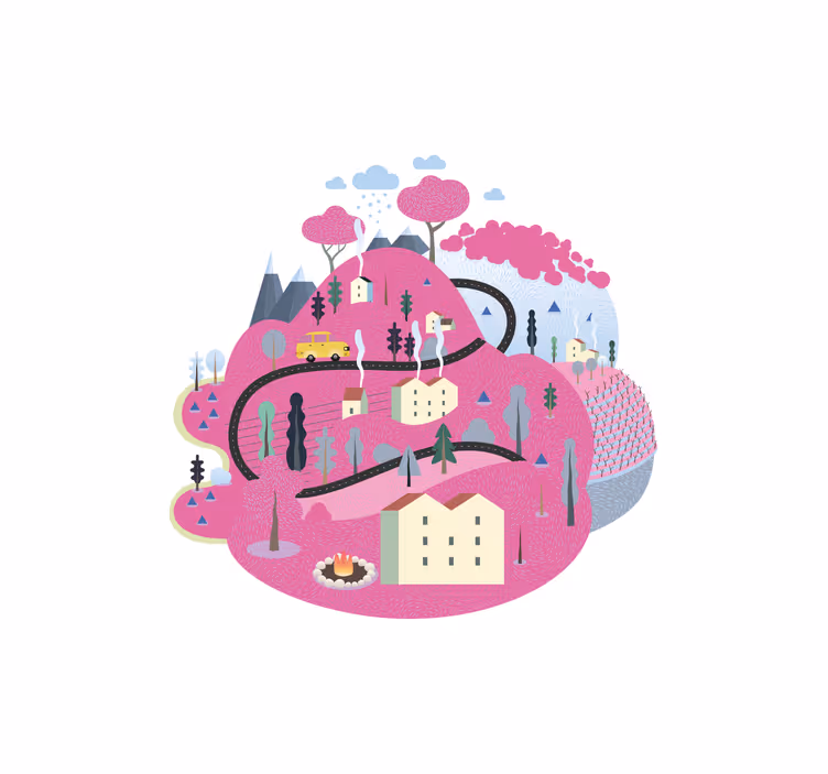 Blind children exploring pink mountains with houses - TenStickers