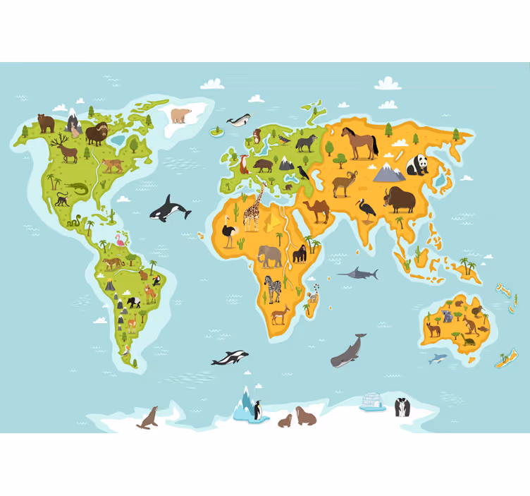 World map roller blind children’s mural fauna and flora - TenStickers