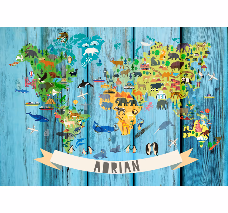 World map roller blind blue political map for kids - TenStickers