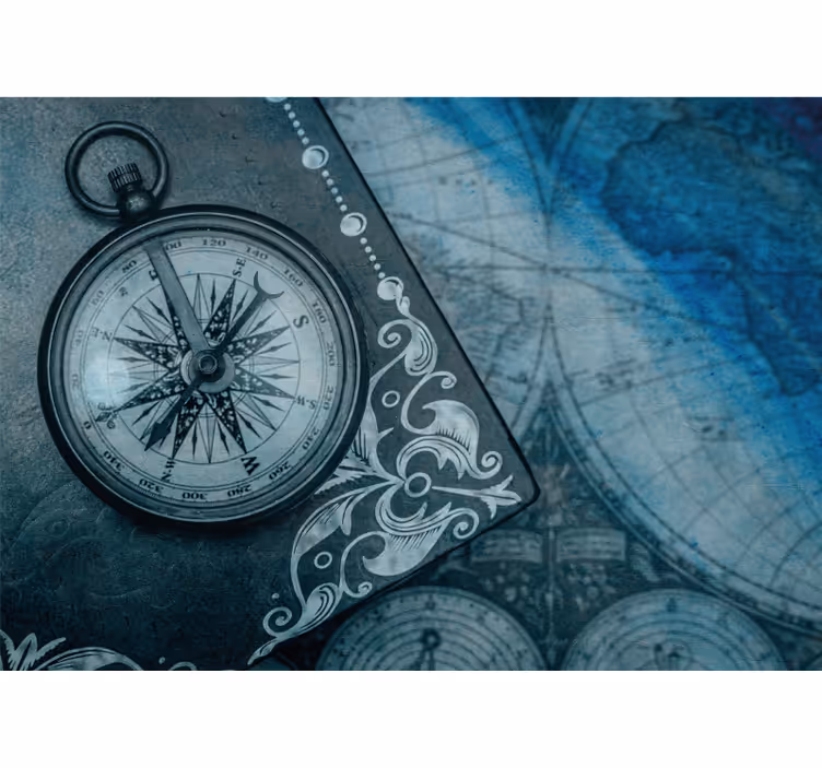 World map roller blind old compass on blue - TenStickers