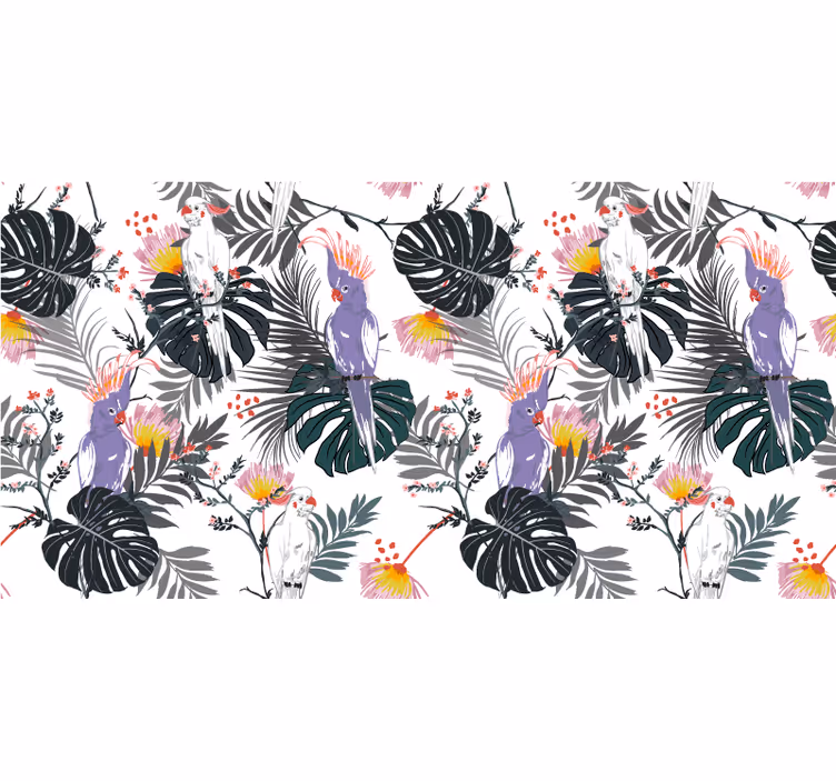 Jungle wall mural red and purple parrots tropical leaves - TenStickers