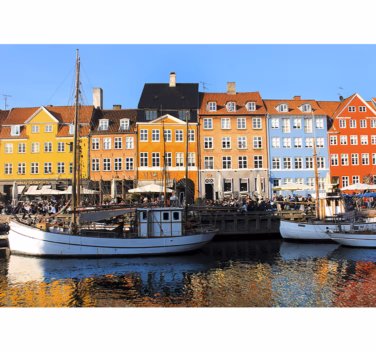 Vibrant lakeside dwellings city wall mural - TenStickers