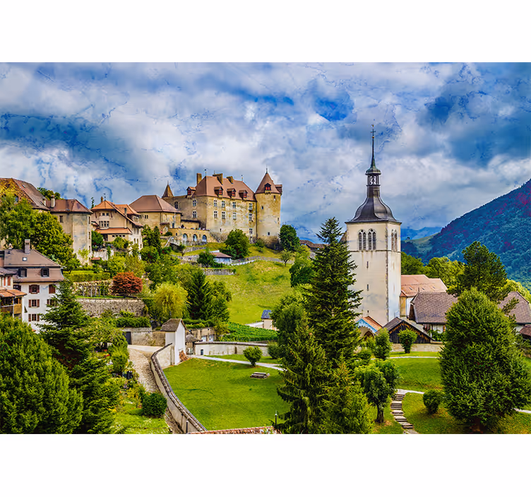 City wall mural charming castle landscape - TenStickers