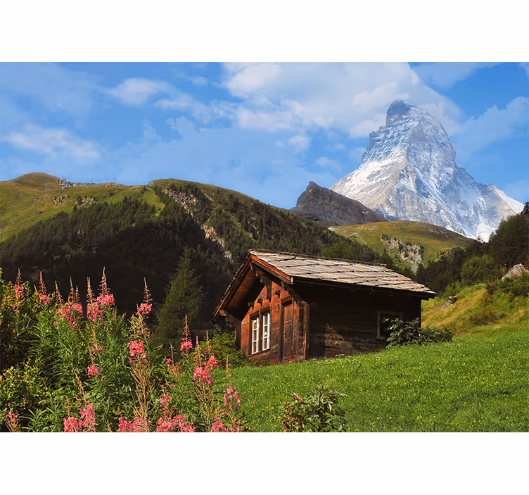 Landscape wall mural mountain lodge view - TenStickers