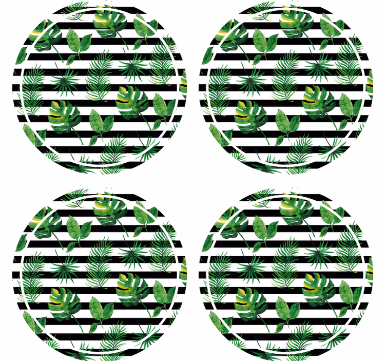 Leaves on black white stripes modern coaster - TenStickers