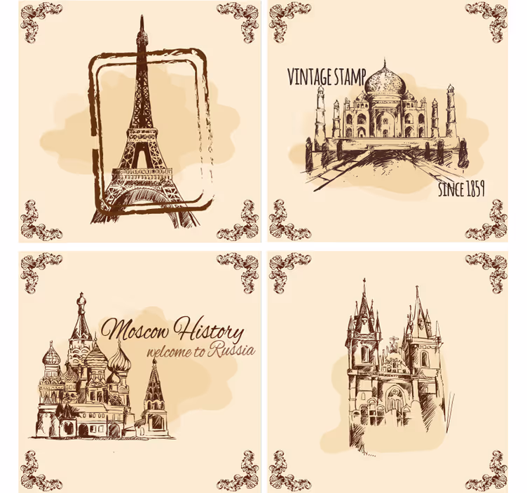 Vintage coasters with historic landmark illustrations - TenStickers