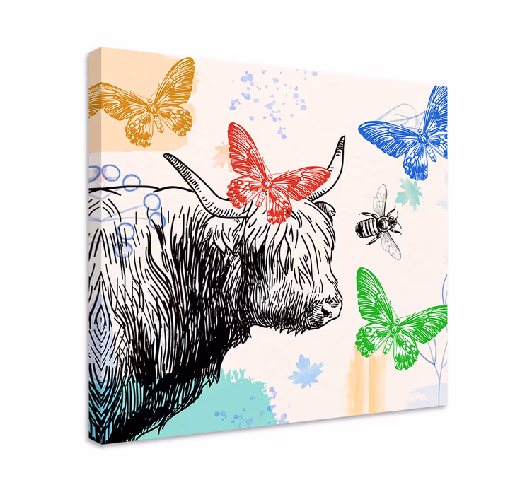 Animal canvas wall art highland cow and butterflies - TenStickers