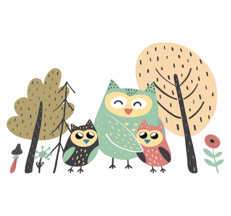 Animal vinyl rug featuring colorful owls in tree - TenStickers