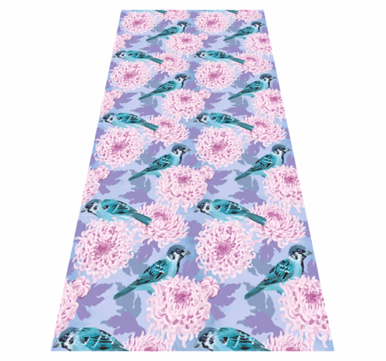 Floral vinyl rug featuring pink garden flowers and birds - TenStickers
