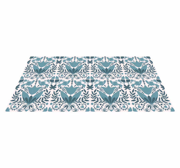 Floral vinyl rug blue folk art pattern with birds - TenStickers