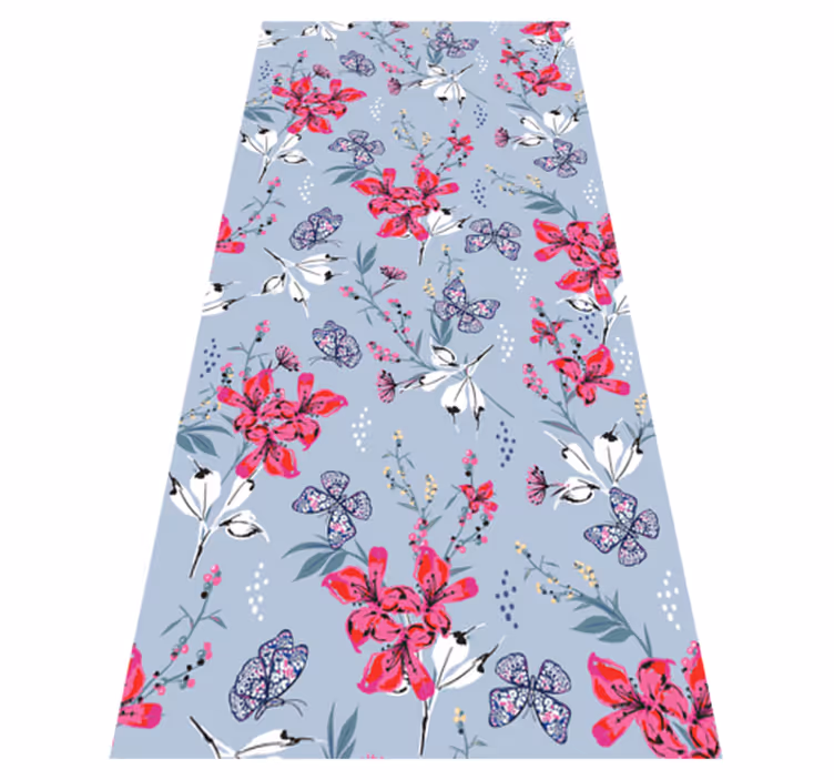 Nature vinyl rug with abstract red flowers and butterflies - TenStickers