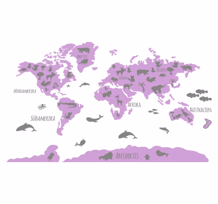World map vinyl rug pink and grey animal continents - TenStickers