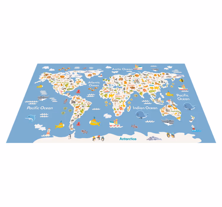 World map vinyl rug with white animal designs - TenStickers