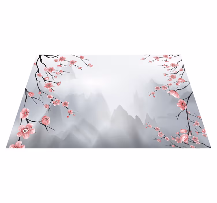 Grey vinyl rug with cherry blossoms and mountains - TenStickers