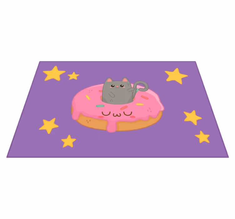 Purple vinyl rug featuring cat and donut design - TenStickers