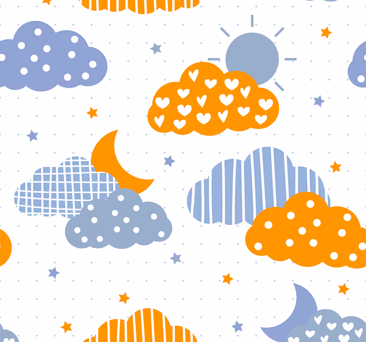 Blue and orange clouds and sun wallpaper childrens room - TenStickers