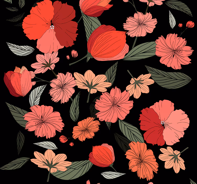 Black pattern motif flowers wallpaper - TenStickers