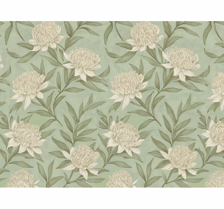 Living area wallpaper white protea-style blooms - TenStickers