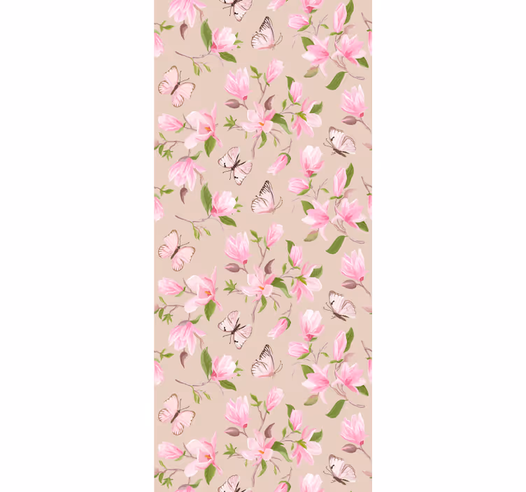 Floral wallpaper with pink magnolia and butterfly design - TenStickers