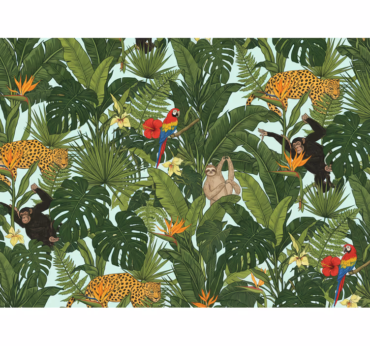 Jungle themed wallpaper with animals and tropical vibes - TenStickers