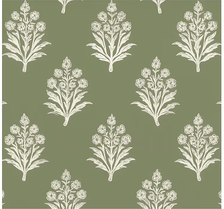 Flowers wallpaper muddy green floral blockprint - TenStickers