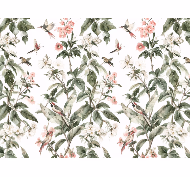 Leaves wallpaper white pink flowers - TenStickers