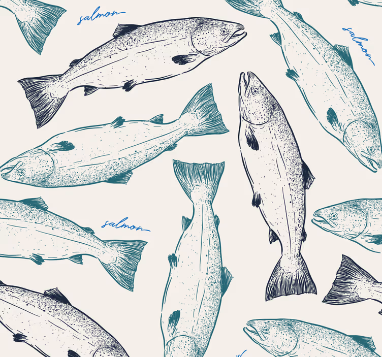 Salmon Illustration fishes wallpaper - TenStickers