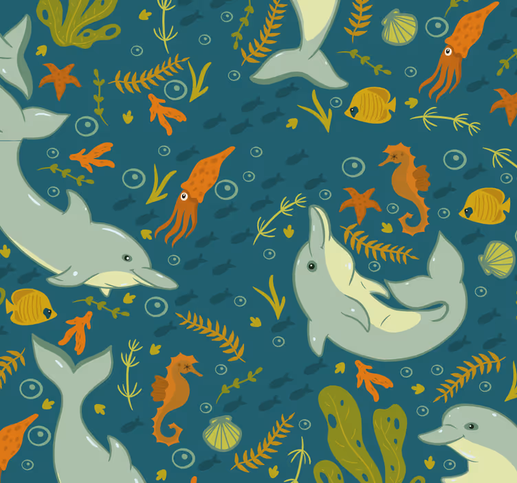 Blue dolphins Animal children Wallpaper - TenStickers