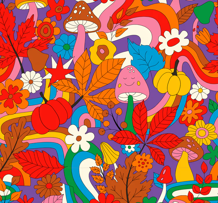 retro colorful psychedelic pattern Flowery Wallpaper - TenStickers