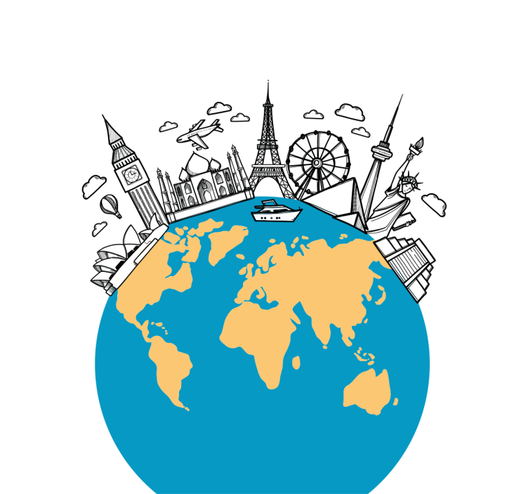 Living room blind with world map landmark icons - TenStickers