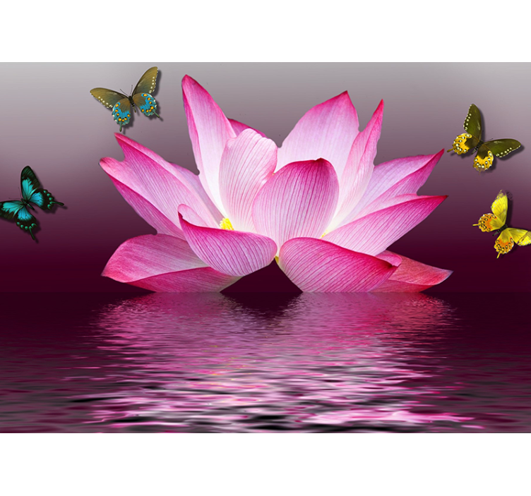 Pink lotus flower with butterflies wall mural - TenStickers