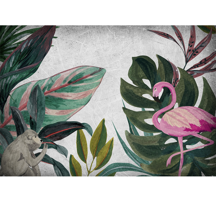 Jungle wall mural flamingo and monkey design - TenStickers