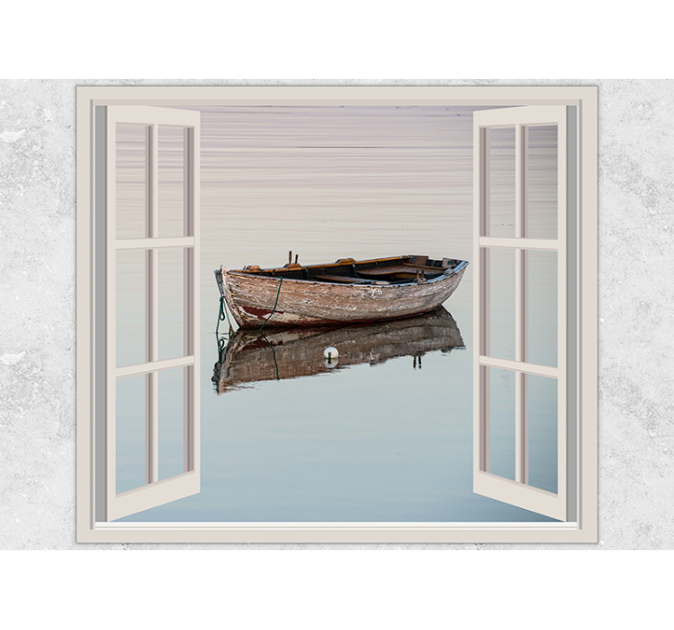 Lake wall mural rustic boat reflection - TenStickers
