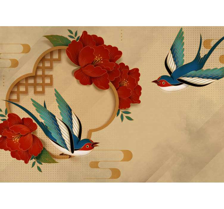 Flower wall mural swallow and blossoms - TenStickers