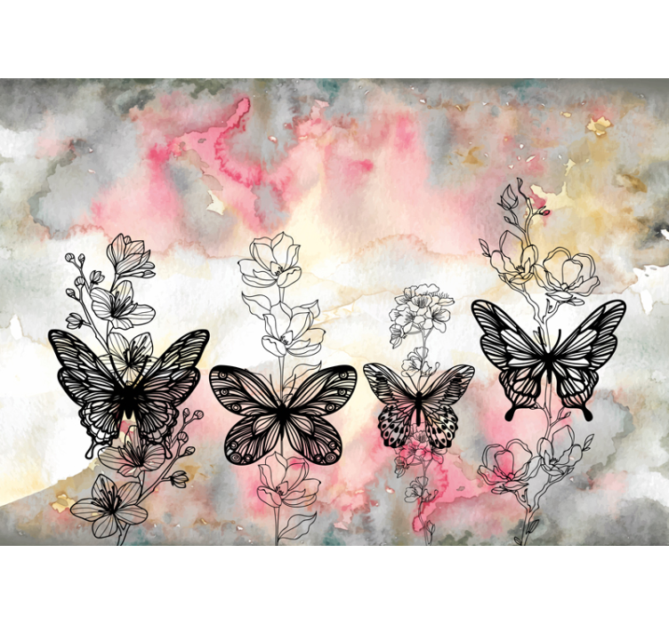 Flower wall mural fluttering wings and blossoms - TenStickers