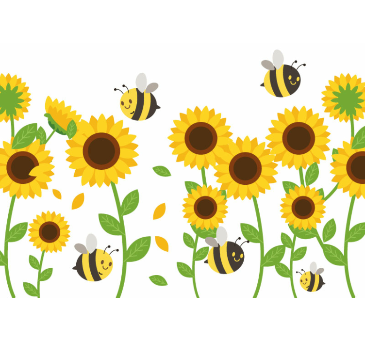 Flower wall mural cheerful sunflowers and bees - TenStickers