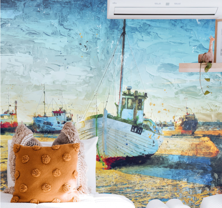 City wall mural fishing boats at the shore - TenStickers