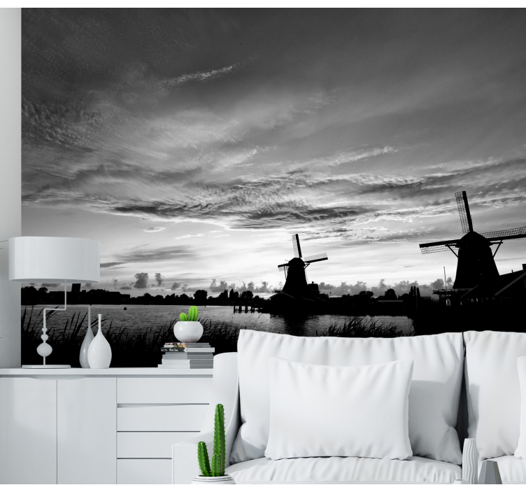 City wall mural of silhouetted windmills - TenStickers