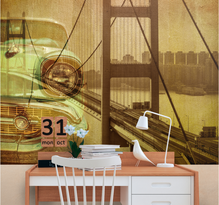 City wall mural vintage car bridge art - TenStickers