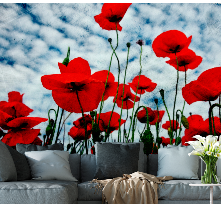 Cloudy blue sky poppy wall mural - TenStickers