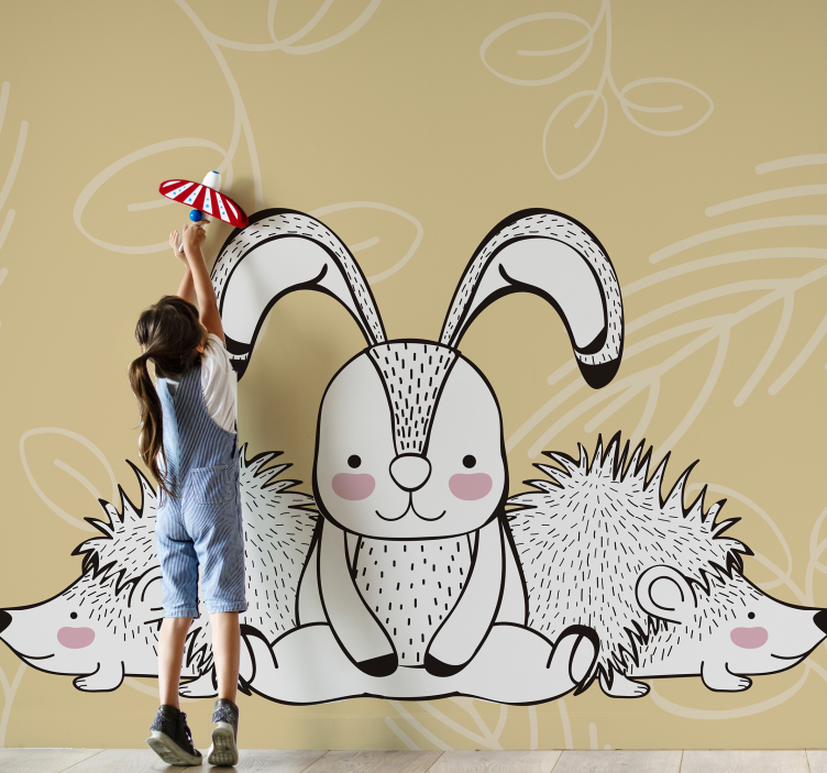 Animals wall mural cute bunny and hedgehog - TenStickers