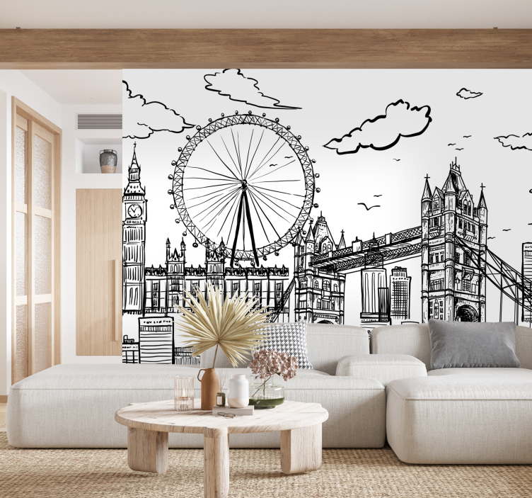 Drawing of London living room wallpaper - TenStickers