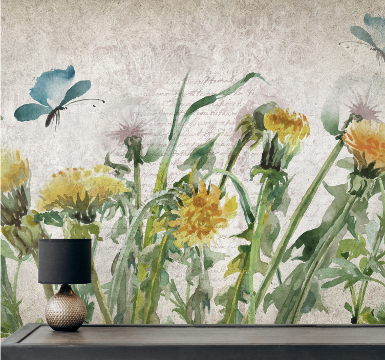 Flower wall mural dandelions with butterflies - TenStickers